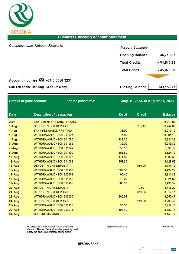 Download Resona Bank company checking account statement Word and PDF template Photoshop template